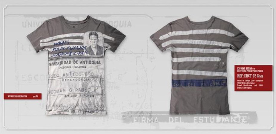 What's your life looking like? (Cómo se ve tu vida) dice una leyenda sobre una camiseta con la imagen del carnet de identidad de Escobar.