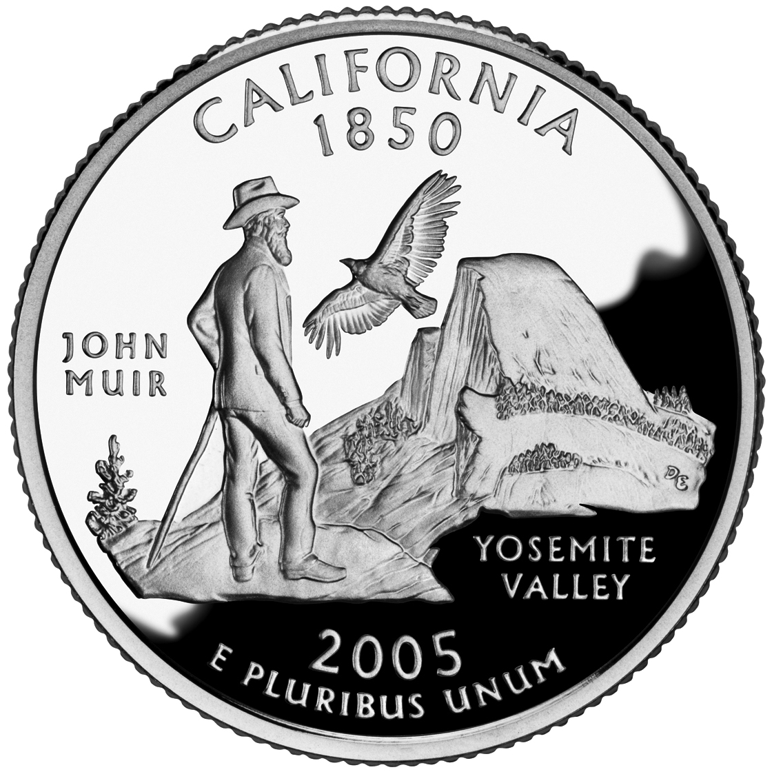 <strong>Moneda de 25 centavos estatal</strong>: el cuarto de California<br>La Moneda de 25 Centavos de California fue lanzada en enero de 2005. Muestra al naturalista John Muir con la pared principal de granito del Valle de Yosemite y un cóndor de California volando por encima.