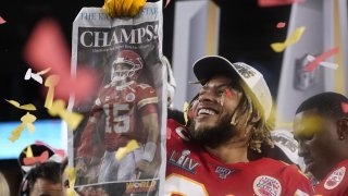 Kansas City Chiefs' Tyrann Mathieu and teammates celebrate on the podium after winning Super Bowl LIV against the San Francisco 49ers at Hard Rock Stadium in Miami Gardens, Florida, on Feb. 2, 2020. The Chiefs scored 21 points on the last quarter of the game, beating out the 49ers 31-20.