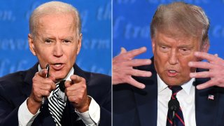 This combination of pictures created on September 29, 2020 shows Democratic Presidential candidate and former US Vice President Joe Biden (L) and US President Donald Trump speaking during the first presidential debate at the Case Western Reserve University and Cleveland Clinic in Cleveland, Ohio on September 29, 2020.