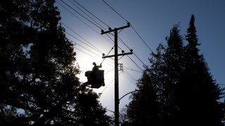 In this Oct. 15, 2020, file photo, PG&E line inspector Kevin Ogans works to clear lines so crews can begin removing a tree that crashed into live power lines along Mountain Boulevard in the Montclair Village neighborhood of Oakland, California.