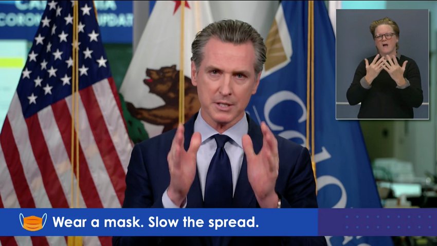 California Gov. Gavin Newsom holds his weekly news conference in Sacramento, California, Monday, Nov. 9, 2020.