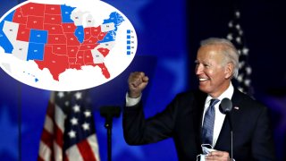 Joe Biden y un mapa de estados en disputa en la elección presidencial 2020.