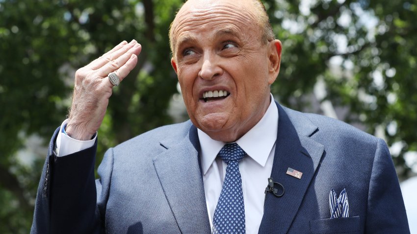 President Donald Trump’s lawyer and former New York City Mayor Rudy Giuliani talks to journalists outside the White House West Wing July 01, 2020 in Washington, DC.