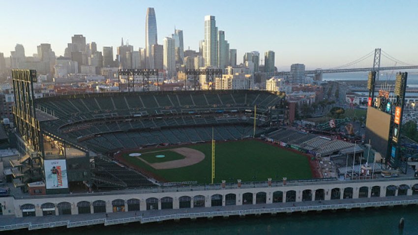 An aerial view of Oracle Park, where the San Francisco Giants play, on March 12, 2020 in San Francisco, California. (Photo by Ezra Shaw/Getty Images)