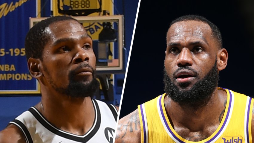 The Brooklyn Net's Kevin Durant (left) and LeBron James of the Los Angeles Lakers.