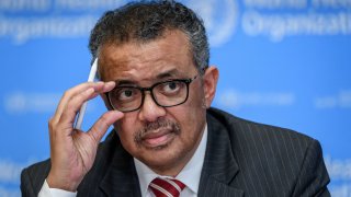 In this March 11, 2020, file photo, World Health Organization (WHO) Director-General Tedros Adhanom Ghebreyesus attends a daily press briefing on COVID-19, the disease caused by the novel coronavirus, at the WHO headquarters in Geneva.