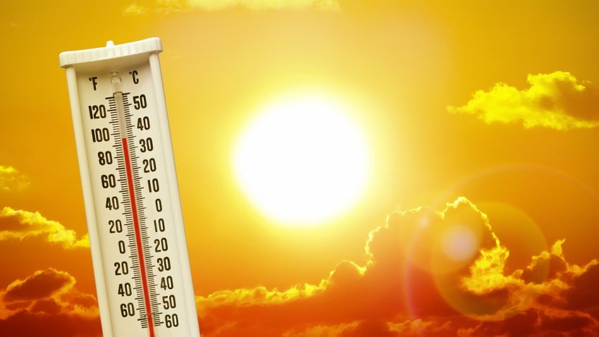 A sunny background with a high thermometer in front.