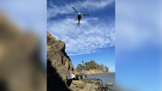 A CHP helicopter above West Marin Island, during a pursuit of a suspect wanted for assault and robbery.