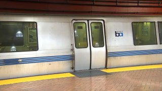 A BART train at a station in San Francisco.