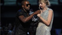 NEW YORK - SEPTEMBER 13:  Kanye West (L) jumps onstage after Taylor Swift (C) won the "Best Female Video" award during the 2009 MTV Video Music Awards at Radio City Music Hall on September 13, 2009 in New York City.  (Photo by Jeff Kravitz/FilmMagic)