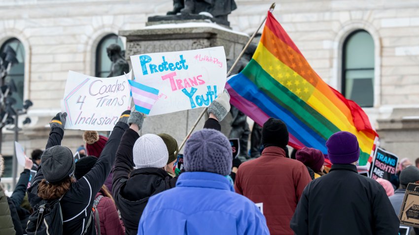 St. Paul, Minnesota. March 6, 2022. Because the attacks against transgender kids are increasing across the country Minneasotans hold a rally at the capitol to support trans kids in Minnesota, Texas, and around the country. (Photo by: Michael Siluk/UCG/Universal Images Group via Getty Images)