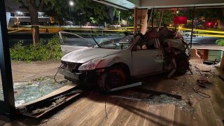 A car at rest after crashing into a coffee shop in Santa Rosa.