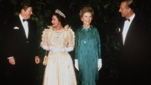 SAN FRANCISCO, CA - MARCH 03:  Queen Elizabeth ll, Prince Philip, Duke of Edinburgh, President Ronald Reagan and Nancy Reagan attend a banquet during the Queen's official visit to the US on March 03, 1983 in San Francisco, California. (Photo by Anwar Hussein/Getty Images)