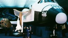 UNITED STATES - FEBRUARY 28:  Queen Elizabeth II visits the Rockwell Plant where space shuttles are developed during an official tour of America  (Photo by Tim Graham Photo Library via Getty Images)