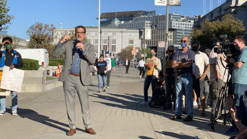 San Francisco Supervisor Dean Preston is seen at a rally in the city. (Daniel Montes/Bay City News)