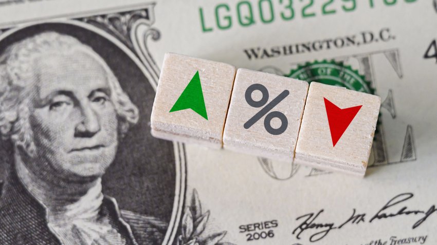 Concept idea of FED, federal reserve system is the central banking system of the united states of america and change interest rates. Percentage icon and arrow symbol on wooden cube