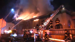 Crews battle a fire at the First African Methodist Episcopal Church in Oakland.