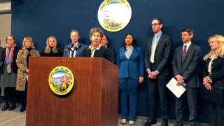 California state Sen. Susan Eggman, a Democrat from Stockton, speaks to reporters in Sacramento, Calif., on Wednesday, March 1, 2023. Eggman authored a bill that would allow more people with mental illness to be detained for treatment against their will.