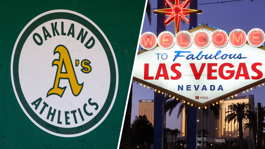 (L-R) Oakland A’s logo and Las Vegas sign.