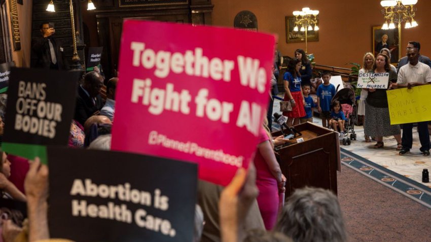 Abortion rights advocates and lawmakers hold a press conference before debate of a bill that would restrict abortions after six weeks, at the South Carolina State House in Columbia, South Carolina, on May 16, 2023. The General Assembly was supposed to adjourn on May 11, 2023, but has decided to remain in session to debate a bill, which is nearly identical to a previous restrictive 6 week abortion ban that was struck down as unconstitutional by the state Supreme Court in January 2023. This bill bans all abortions after six weeks of pregnancy, with exceptions for rape, incest, and fetal anomalies. (Photo by Logan Cyrus / AFP) (Photo by LOGAN CYRUS/AFP via Getty Images)