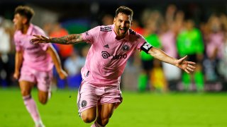 Lionel Messi #10 of Inter Miami CF celebrates after kicking the game winning goal during the second half of the Leagues Cup 2023 match between Cruz Azul and Inter Miami CF at DRV PNK Stadium on July 21, 2023 in Fort Lauderdale, Florida.