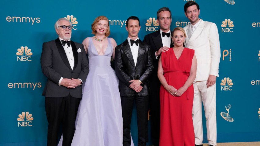 LOS ANGELES, CA – SEPTEMBER 12:  74th ANNUAL PRIMETIME EMMY AWARDS — Pictured: (l-r) Brian Cox, Sarah Snook, Jeremy Strong, Matthew Macfadyen, J. Smith-Cameron, and Nicholas Braun, winners of Outstanding Drama Series for “Succession”, pose in the press room during the 74th Annual Primetime Emmy Awards held at the Microsoft Theater on September 12, 2022. —  (Photo by Evans Vestal Ward/NBC via Getty Images)