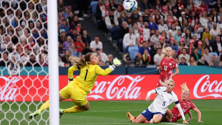 SYDNEY, AUSTRALIA – JULY 28: Rikke Marie Madsen of Denmark shoots at goal  during the FIFA Women’s World Cup Australia & New Zealand 2023 Group D match between England and Denmark at Sydney Football Stadium on July 28, 2023 in Sydney, Australia. (Photo by Cameron Spencer/Getty Images)