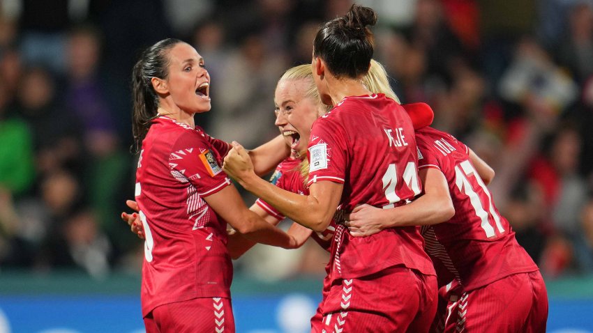 PERTH, AUSTRALIA – JULY 22: Denmark players celebrate the team’s first goal scored by Amalie Vangsgaard (obscured) during the FIFA Women’s World Cup Australia & New Zealand 2023 Group D match between Denmark and China at Perth Rectangular Stadium on July 22, 2023 in Perth / Boorloo, Australia. (Photo by Aitor Alcalde – FIFA/FIFA via Getty Images)