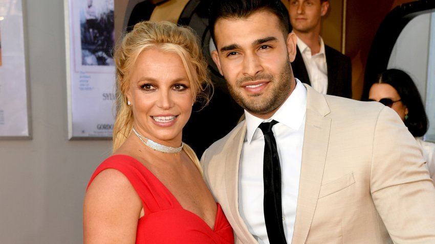 HOLLYWOOD, CALIFORNIA – JULY 22: Britney Spears (L) and Sam Asghari arrive at the premiere of Sony Pictures’ “One Upon A Time…In Hollywood” at the Chinese Theatre on July 22, 2019 in Hollywood, California. (Photo by Kevin Winter/Getty Images)