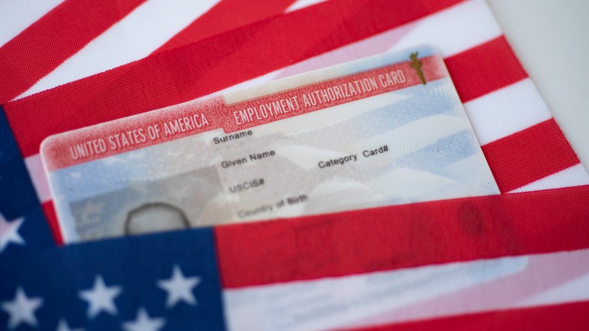 Employment Authorization card on USA Flag surface. Close up view.