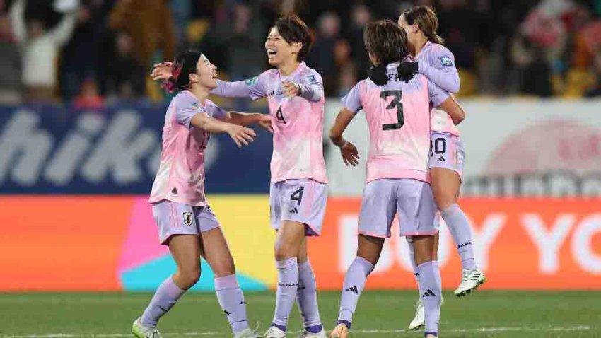 WELLINGTON, NEW ZEALAND – AUGUST 05: (L-R) Jun Endo, Saki Kumagai, Moeka Minami and Fuka Nagano of Japan celebrate the team’s third goal scored by Hinata Miyazawa (not pictured) during the FIFA Women’s World Cup Australia & New Zealand 2023 Round of 16 match between Japan and Norway at Wellington Regional Stadium on August 05, 2023 in Wellington, New Zealand. (Photo by Catherine Ivill/Getty Images)