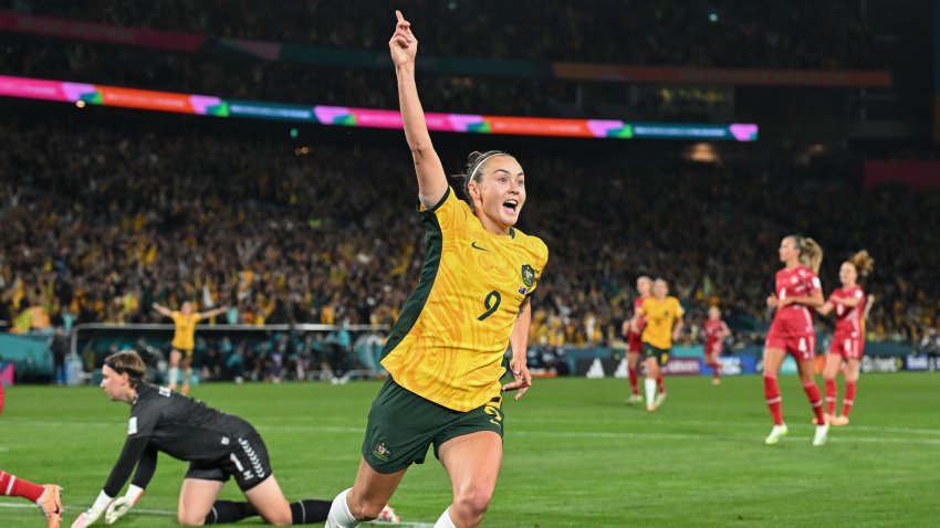 SYDNEY, AUSTRALIA – AUGUST 7: Caitlin Foord celebrates her first goal during the FIFA Women’s World Cup Australia & New Zealand 2023 Round of 16 match between Australia and Denmark at Stadium Australia on August 7, 2023 in Sydney, Australia. (Photo by Amy Halpin /DeFodi Images via Getty Images)