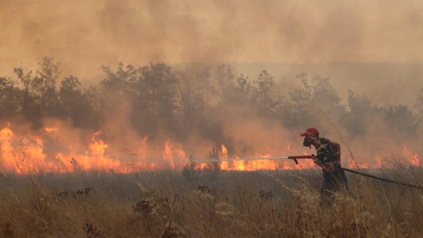 Un bombero intenta extinguir un incendio forestal en la región de Maritsa, Grecia, el 1 de septiembre de 2023. Continúan los esfuerzos para extinguir el incendio forestal.