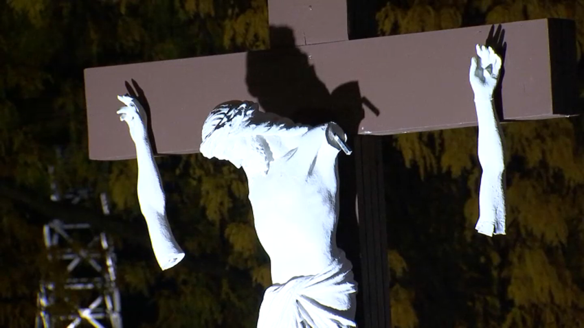 A Jesus Christ crucifix is seen vandalized outside of the Cathedral of the Holy Cross in Boston on Tuesday, Oct. 24, 2023.