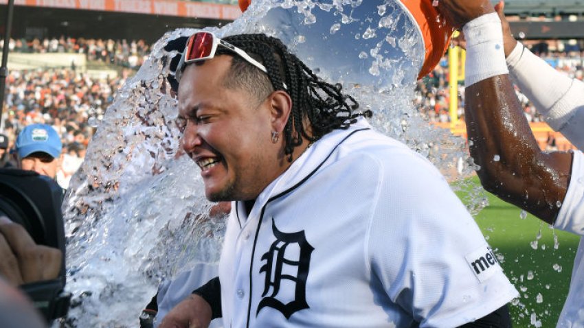 DETROIT, MI – OCTOBER 01:  Miguel Cabrera #24 of the Detroit Tigers has a container of ice water dumped on him by his teammates after the game against the Cleveland Guardians at Comerica Park on October 1, 2023 in Detroit, Michigan. The Tigers defeated the Guardians 5-2. Today was Cabreras’ final Major League game.  (Photo by Mark Cunningham/MLB Photos via Getty Images)