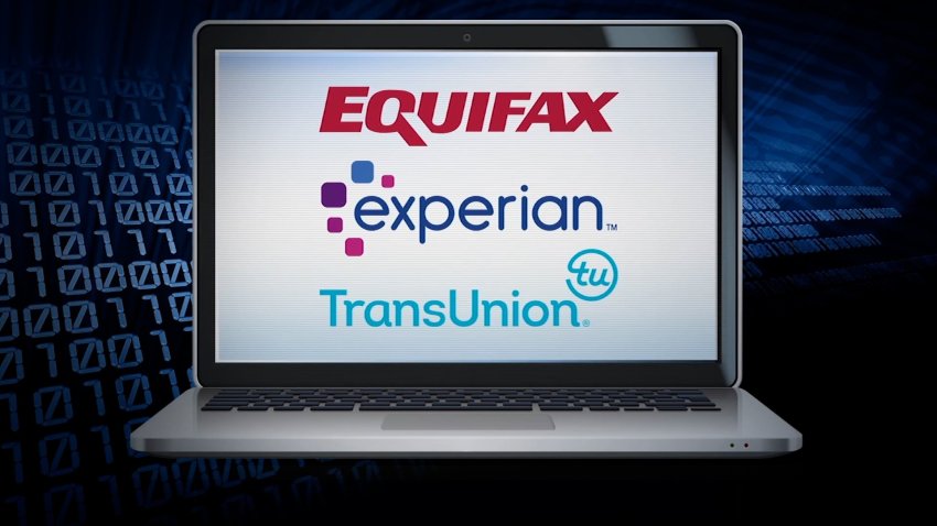 Laptop computer showing on the screen the logos of Equifax, Experian and TransUnion, the agencies to request credit reports.