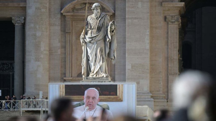 Pope Francis is seen on a giant screen at St. Peter’s square in The Vatican as he delivers the Angelus prayer on December 3, 2023. Pope Francis’s health is “improving,” the Vatican said yesterday, after the pontiff was forced to cancel his attendance at the COP28 climate conference because of bronchitis.
Even so, to avoid exposing him to temperature variations, the 86-year-old Argentinian recited the traditional Angelus Prayer from his private quarters. (Photo by Tiziana FABI / AFP) (Photo by TIZIANA FABI/AFP via Getty Images)