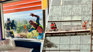 Superheroes wash windows at Lucile Packard Children’s Hospital in Palo Alto.