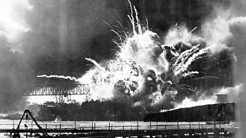 Ordnance on the destroyer USS Shaw explodes after being hit by Japanese bombs, Pearl Harbor, Hawaii, December 7, 1941. Silver print taken by a Navy photographer, 1941. (Photo by VCG Wilson/Corbis via Getty Images)