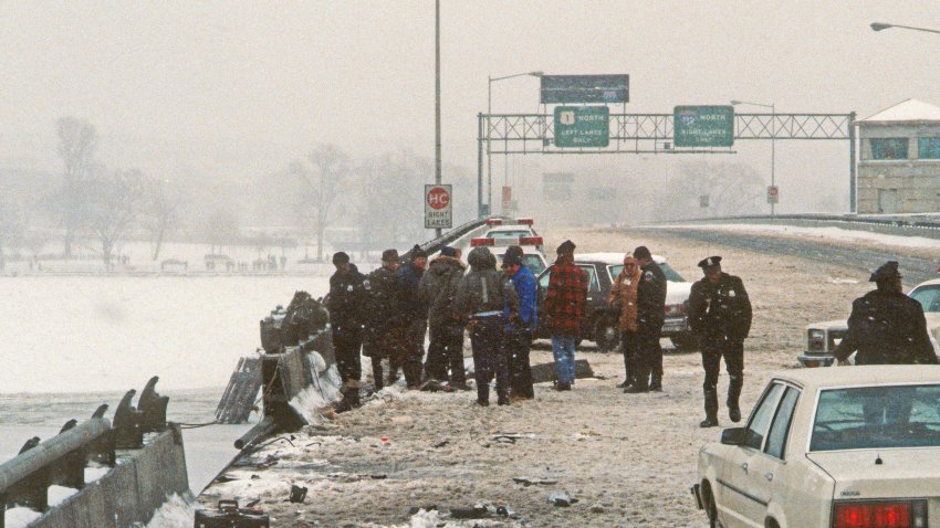 Washington, DC. 1-14-1982 On January 13, 1982, Air Florida Flight 90 crashed into Washington, DC’s 14th Street Bridge and fell into the Potomac River shortly after taking off. A total of 70 passengers, 4 crew and 4 motorists on the bridge were killed. The crash of the Boeing 737-200 was due to an anti-icing system being left off. DC Police search the area on the 14th Street bridge for evidence where Air Florida Flight 90 hit before plunging into the frozen Potomac River the day before. Credit: (Photo by Mark Reinstein/Corbis via Getty Images)