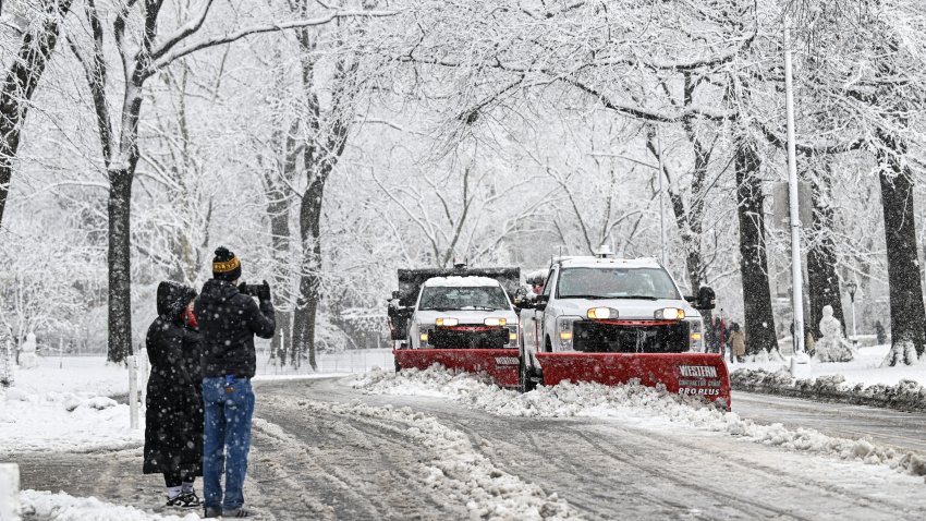 NEW YORK, UNITED STATES – FEBRUARY 13: People pictures at Central Park during a snowfall in New York City, New York, United States on February 13, 2024. (Photo by Fatih Aktas/Anadolu via Getty Images)