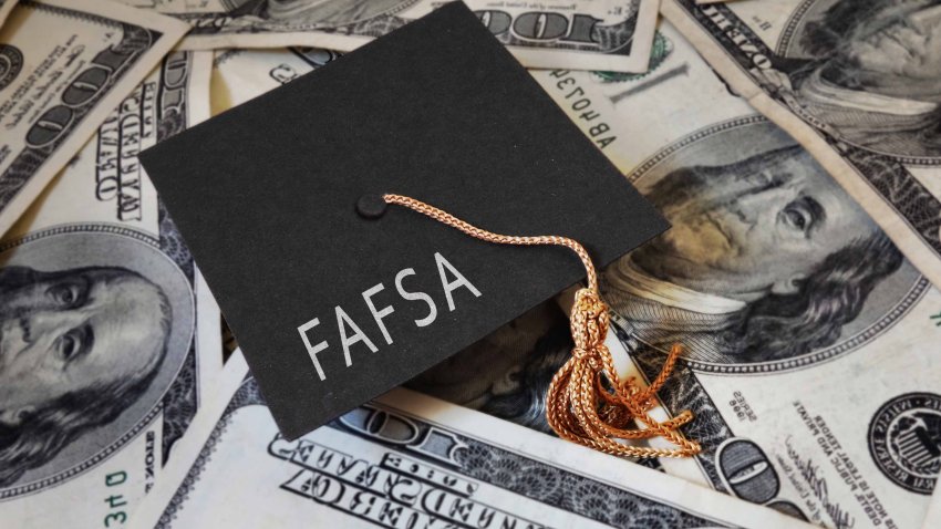 FAFSA (Free Application for Federal Student Aid) text on graduation cap and money — financial aid concept