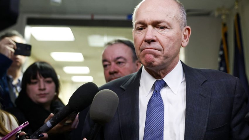 Boeing CEO Dave Calhoun speaks to reporters as he departs from a meeting at the office of Sen. Mark Warner (D-VA) on Capitol Hill January 24, 2024 in Washington, DC. 