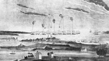 The bombardment of Fort McHenry by British forces on September 13, 1814. The defense of the fort inspired Francis Scott Key to write the poem which became the American national anthem, The Star-Spangled Banner.