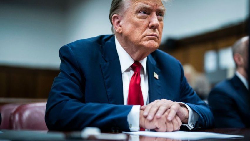 New York, NY – April 15 : Former President Donald Trump arrives at Manhattan criminal court with his legal team ahead of the start of jury selection in New York, NY on Monday, April 15, 2024. Trump faces 34 felony counts of falsifying business records as part of an alleged scheme to silence claims of extramarital sexual encounters during his 2016 presidential campaign. (Photo by Jabin Botsford/The Washington Post via Getty Images)