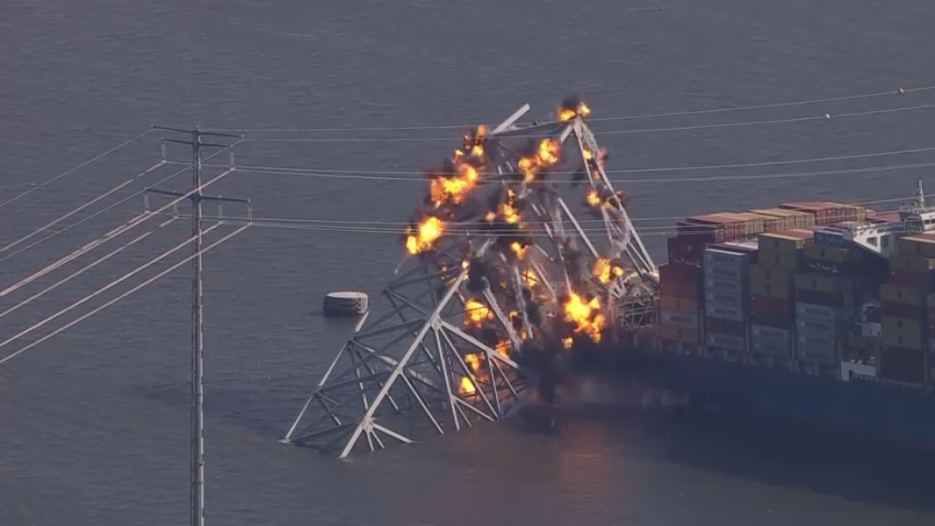 Explosives are used to help clear the largest remaining span of the collapsed Key Bridge.