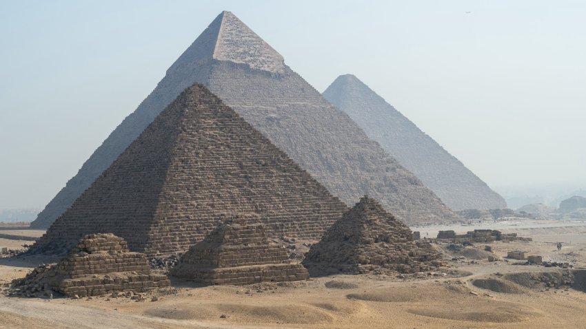 Guides with their camels look for tourists at the Giza Pyramids Necropolis on the outskirts of Giza on May 3, 2024. (Photo by Jewel SAMAD / AFP) (Photo by JEWEL SAMAD/AFP via Getty Images)