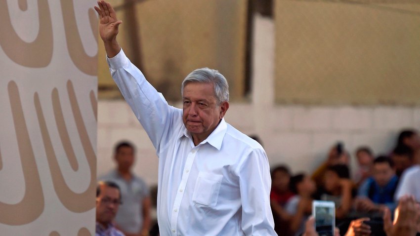 Mexican President Andres Manuel Lopez Obrador waves during a work tour at Badiraguato in Sinaloa State, Mexico on February 15, 2019. (Photo by ALFREDO ESTRELLA / AFP)        (Photo credit should read ALFREDO ESTRELLA/AFP via Getty Images)