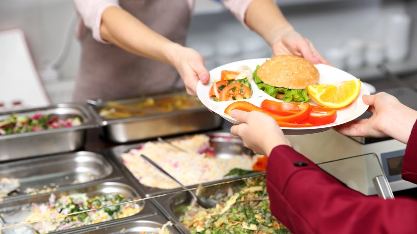 Pleasant woman giving lunch to school girl in cafeteria